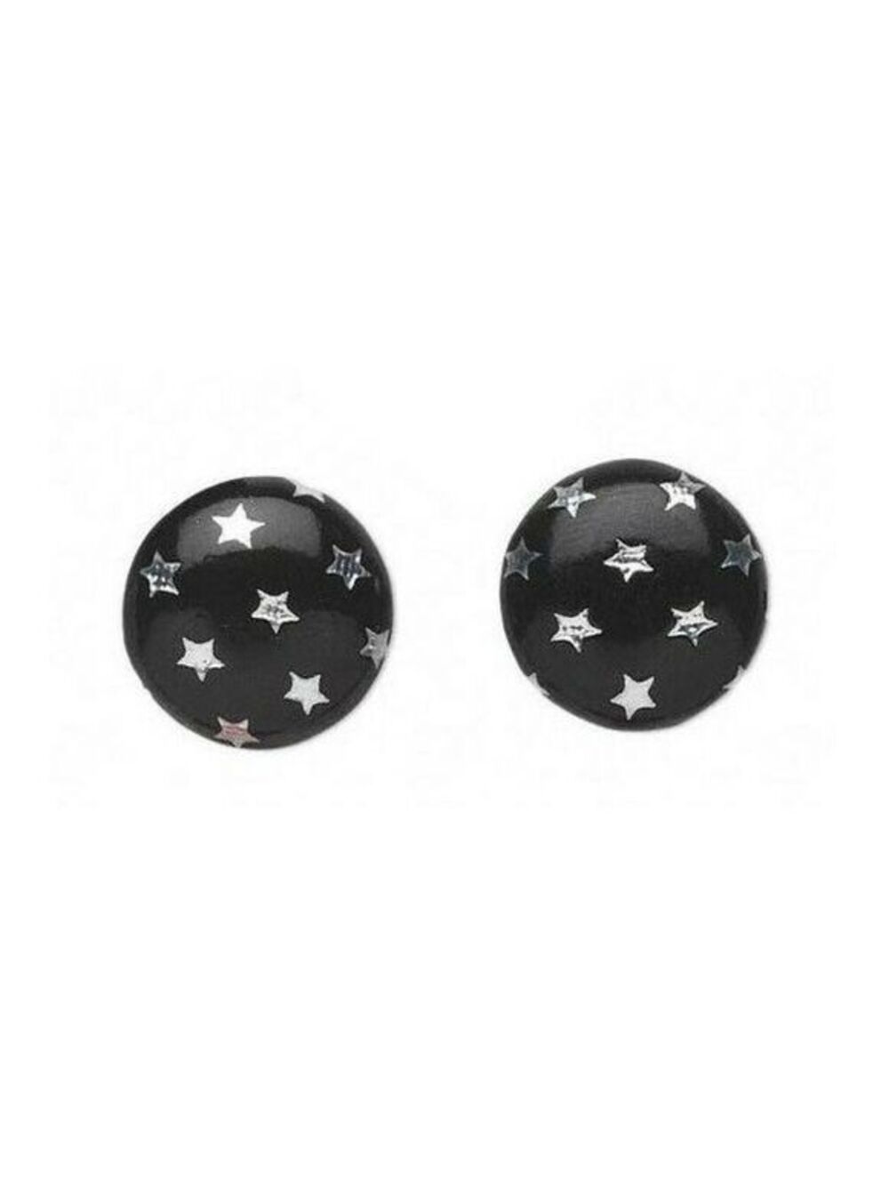 Vegan Faux Leather Round 15mm Button Post Earrings Black w Silver Metallic Stars